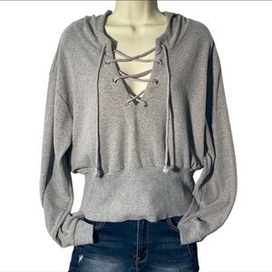 Roly poly Hoodie Gray Lace up Sweat Shirt Long Sleeves Size M